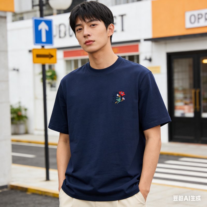 Navy Short Sleeve T-Shirt with Embroidered Floral Chest Logo