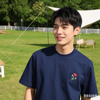 Navy Short Sleeve T-Shirt with Embroidered Floral Chest Logo view 2