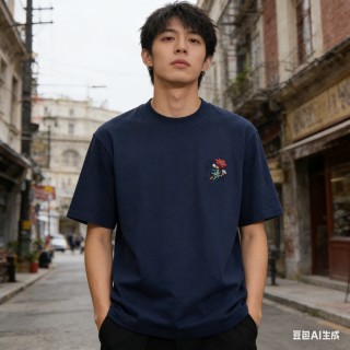 Navy Short Sleeve T-Shirt with Embroidered Floral Chest Logo view 3