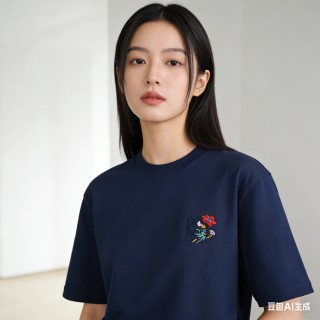 Navy Short Sleeve T-Shirt with Embroidered Floral Chest Logo view 6