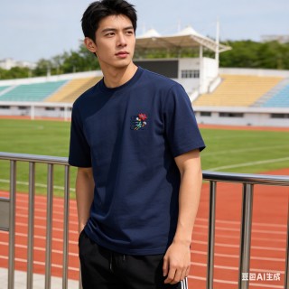 Navy Short Sleeve T-Shirt with Embroidered Floral Chest Logo view 7