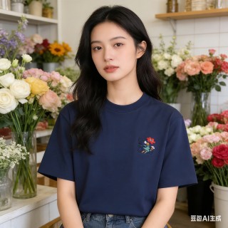 Navy Short Sleeve T-Shirt with Embroidered Floral Chest Logo view 9