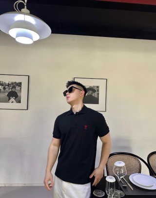 Ami Black Short Sleeve Polo T-Shirt with Red Heart Logo view 2