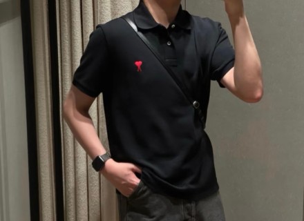 Ami Black Short Sleeve Polo T-Shirt with Red Heart Logo view 3