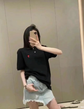Ami Black Short Sleeve Polo T-Shirt with Red Heart Logo view 4