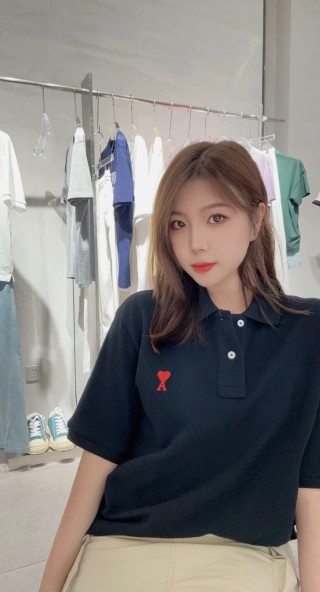 Ami Black Short Sleeve Polo T-Shirt with Red Heart Logo view 5
