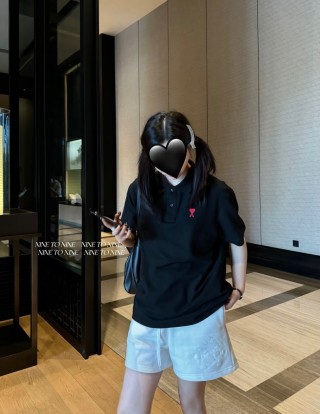 Ami Black Short Sleeve Polo T-Shirt with Red Heart Logo view 7