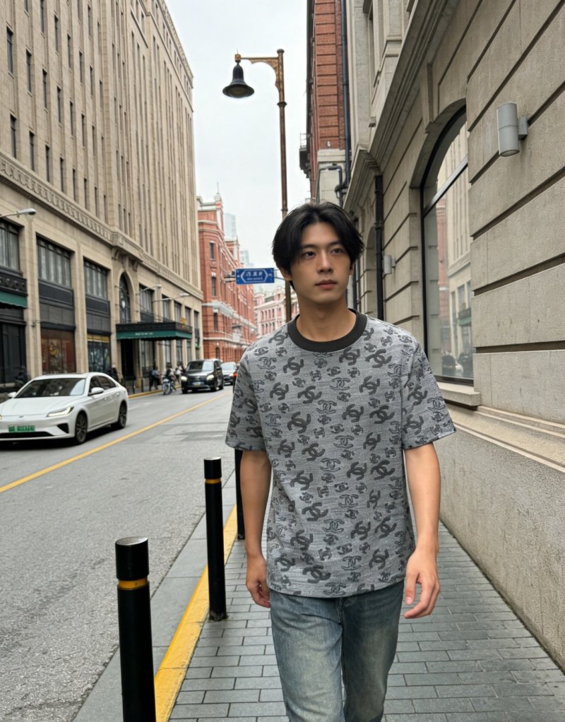 Chanel CC Logo All-Over Print T-Shirt Grey view