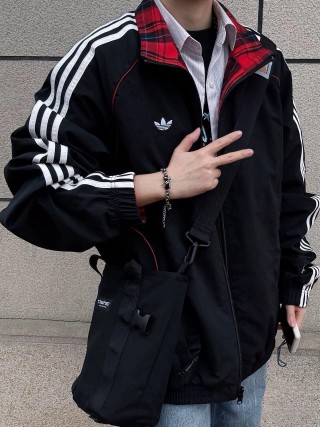 Adidas Black Track Jacket with Red Plaid Lining