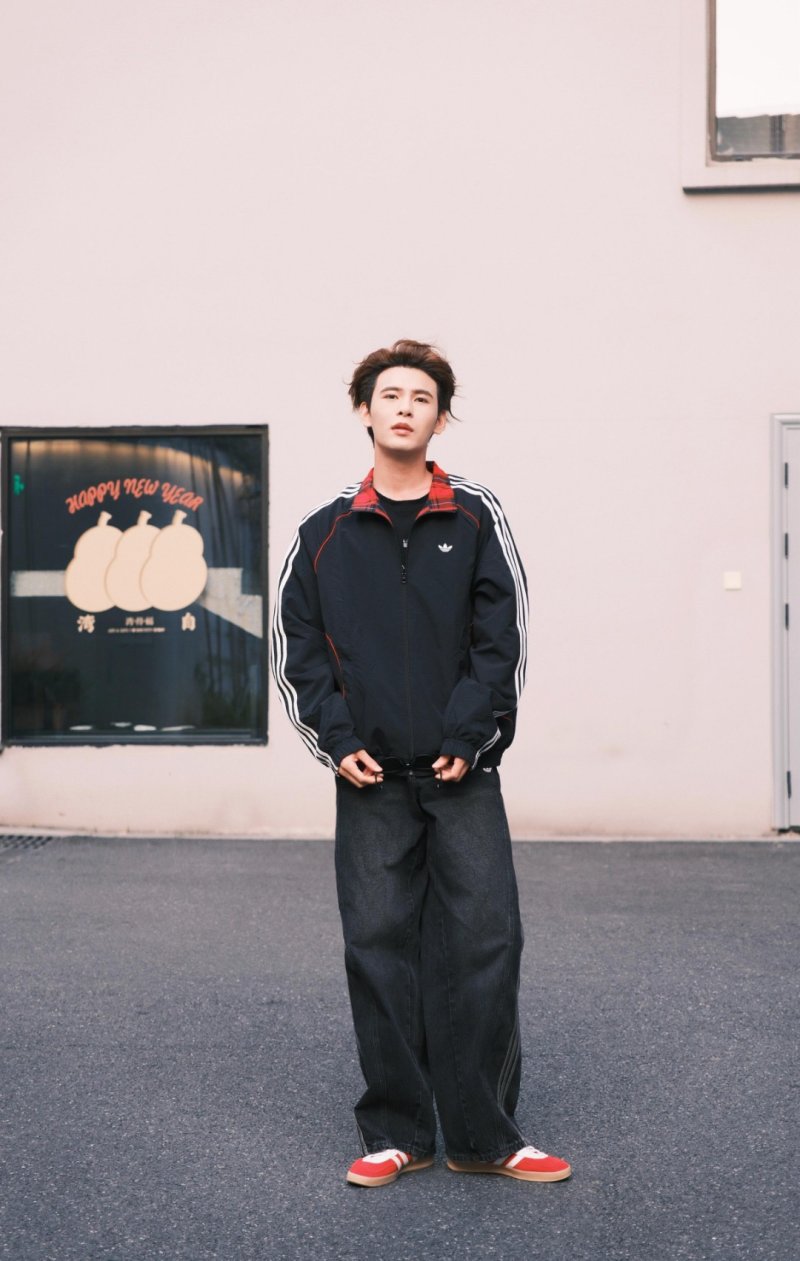 Adidas Black Track Jacket with Red Plaid Lining view