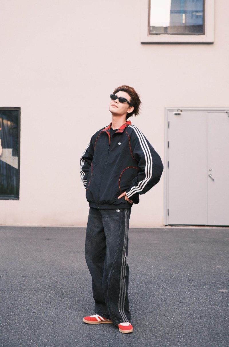 Adidas Black Track Jacket with Red Plaid Lining view