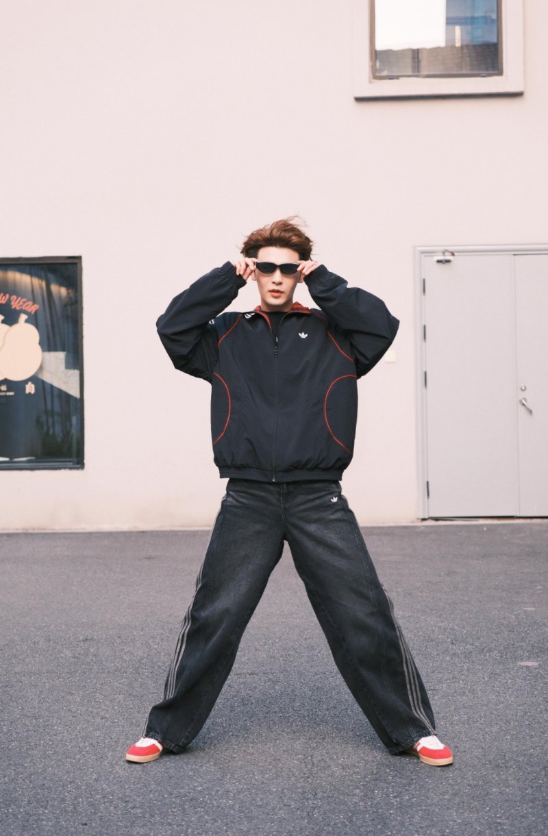 Adidas Black Track Jacket with Red Plaid Lining view
