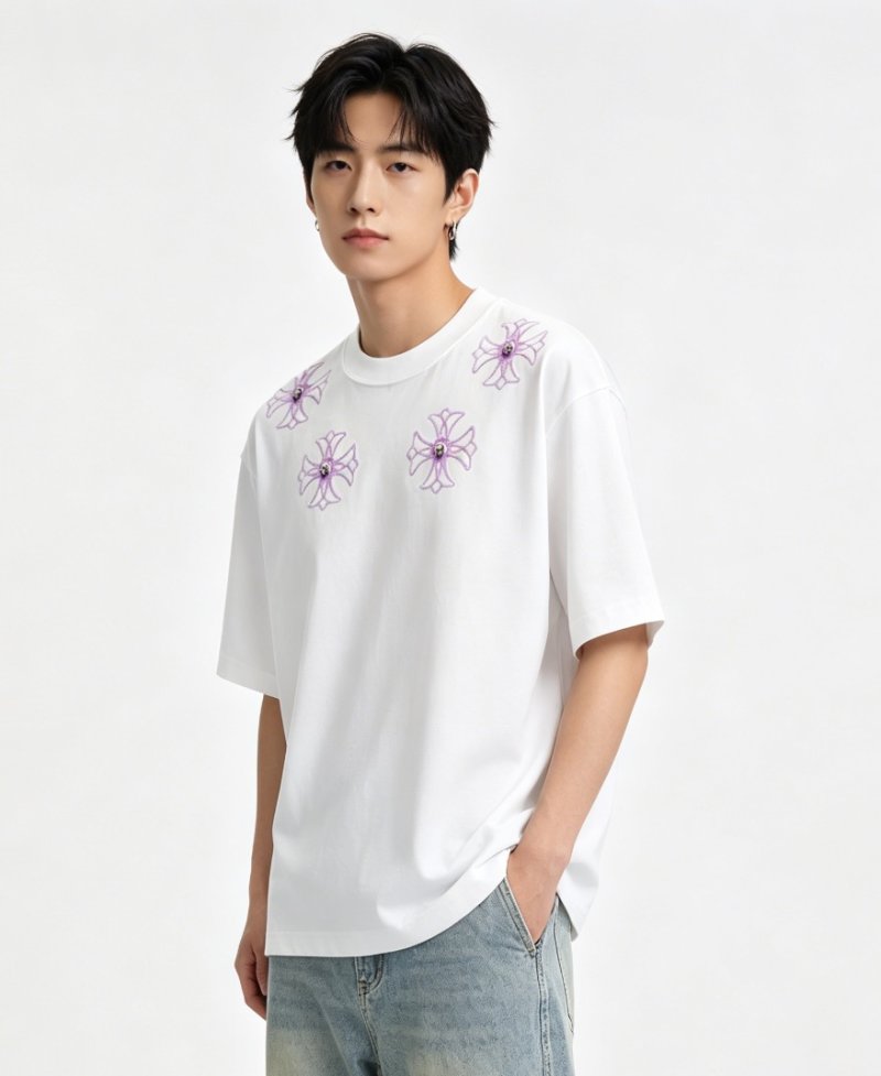 White Oversized T-Shirt with Purple Floral Embroidery