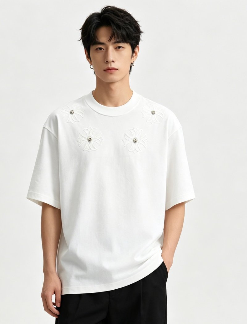 White Oversized T-Shirt with Purple Floral Embroidery view