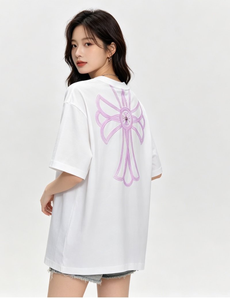 White Oversized T-Shirt with Purple Floral Embroidery view