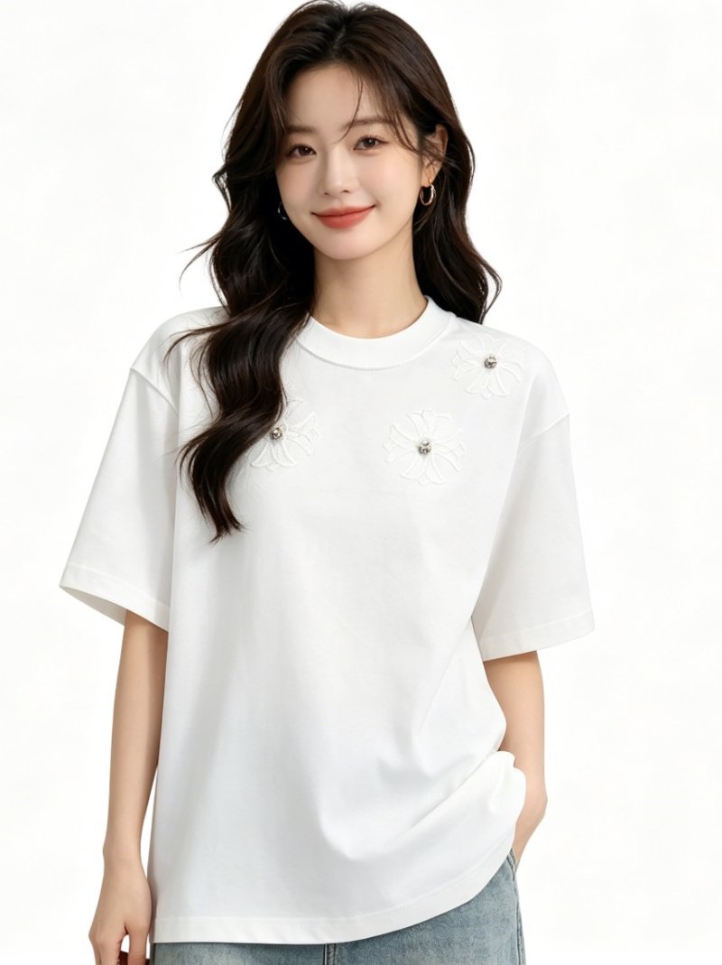 White Oversized T-Shirt with Purple Floral Embroidery view