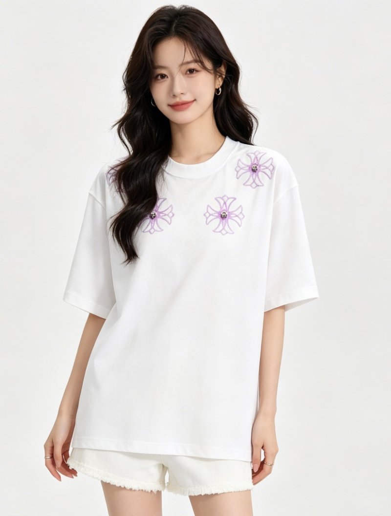White Oversized T-Shirt with Purple Floral Embroidery view