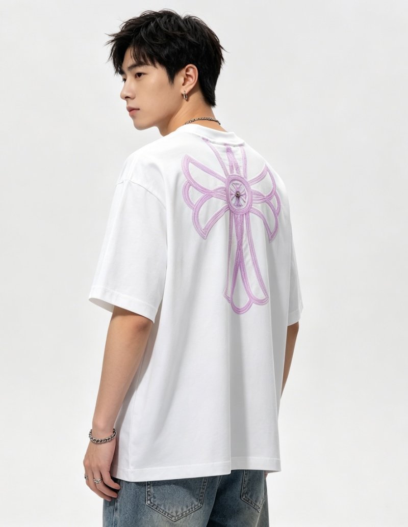 White Oversized T-Shirt with Purple Floral Embroidery view