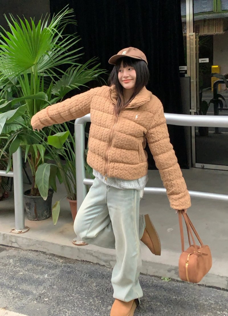Camel Quilted Cropped Puffer Down Jacket view