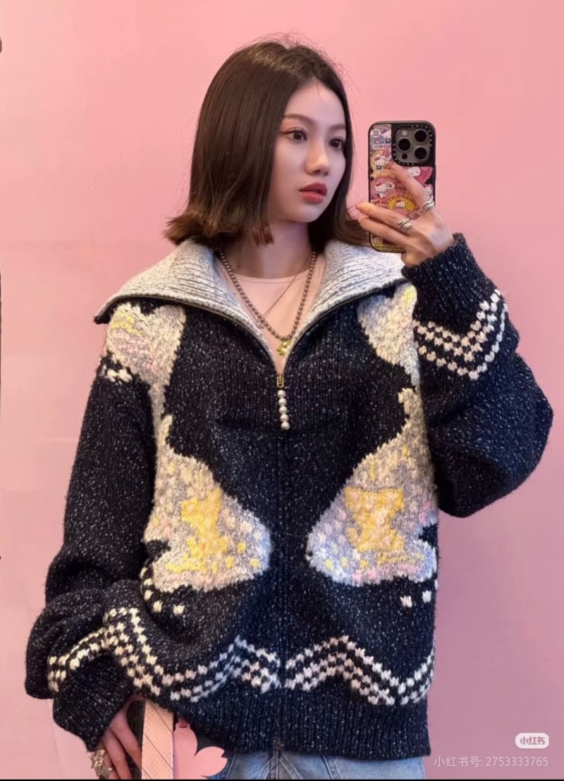 Black & Grey Heart Pattern Half-Zip Knit Sweater view