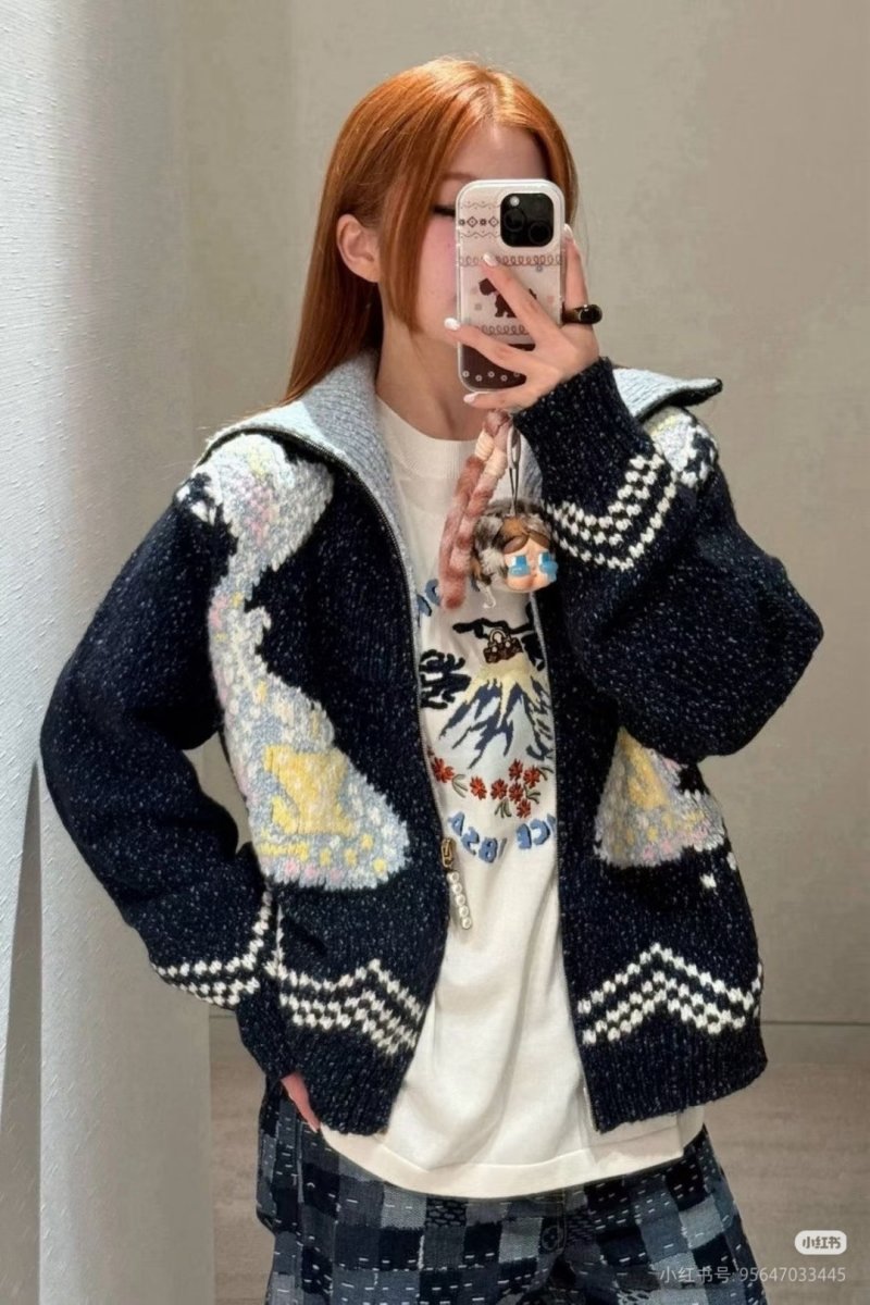 Black & Grey Heart Pattern Half-Zip Knit Sweater view