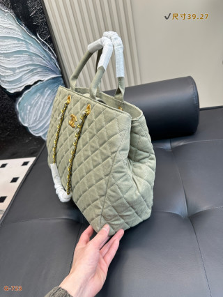 Chanel Quilted Denim Tote Bag Sage Green view 2