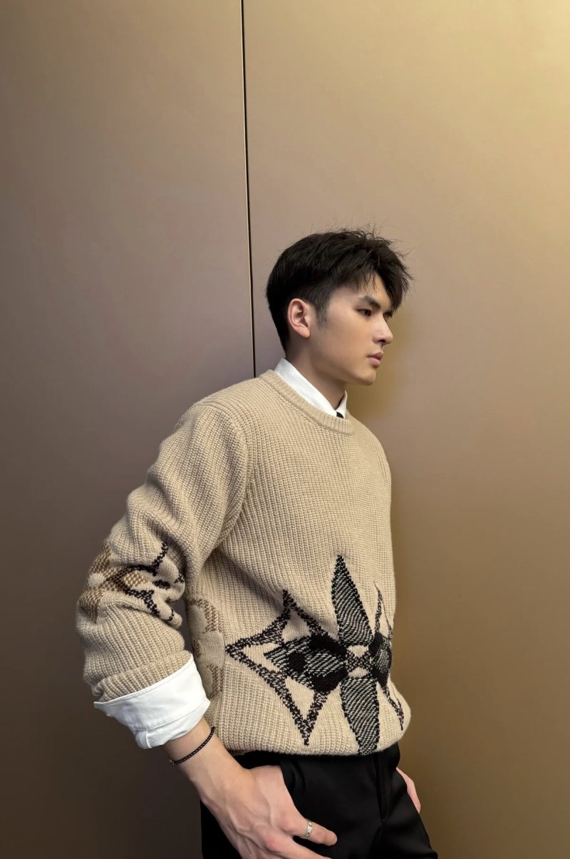 Cream Argyle Knit Sweater with Black Diamond Pattern view