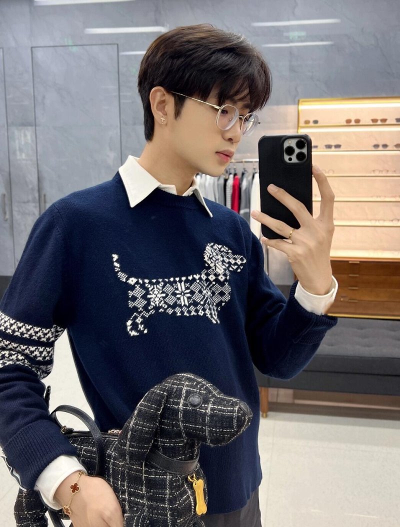 Navy Reindeer Jacquard Knit Sweater with Contrast Collar