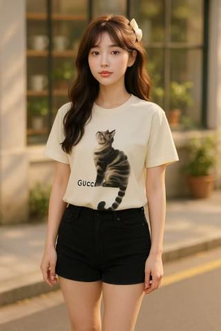 Gucci Cat Print Cream Short Sleeve T-Shirt