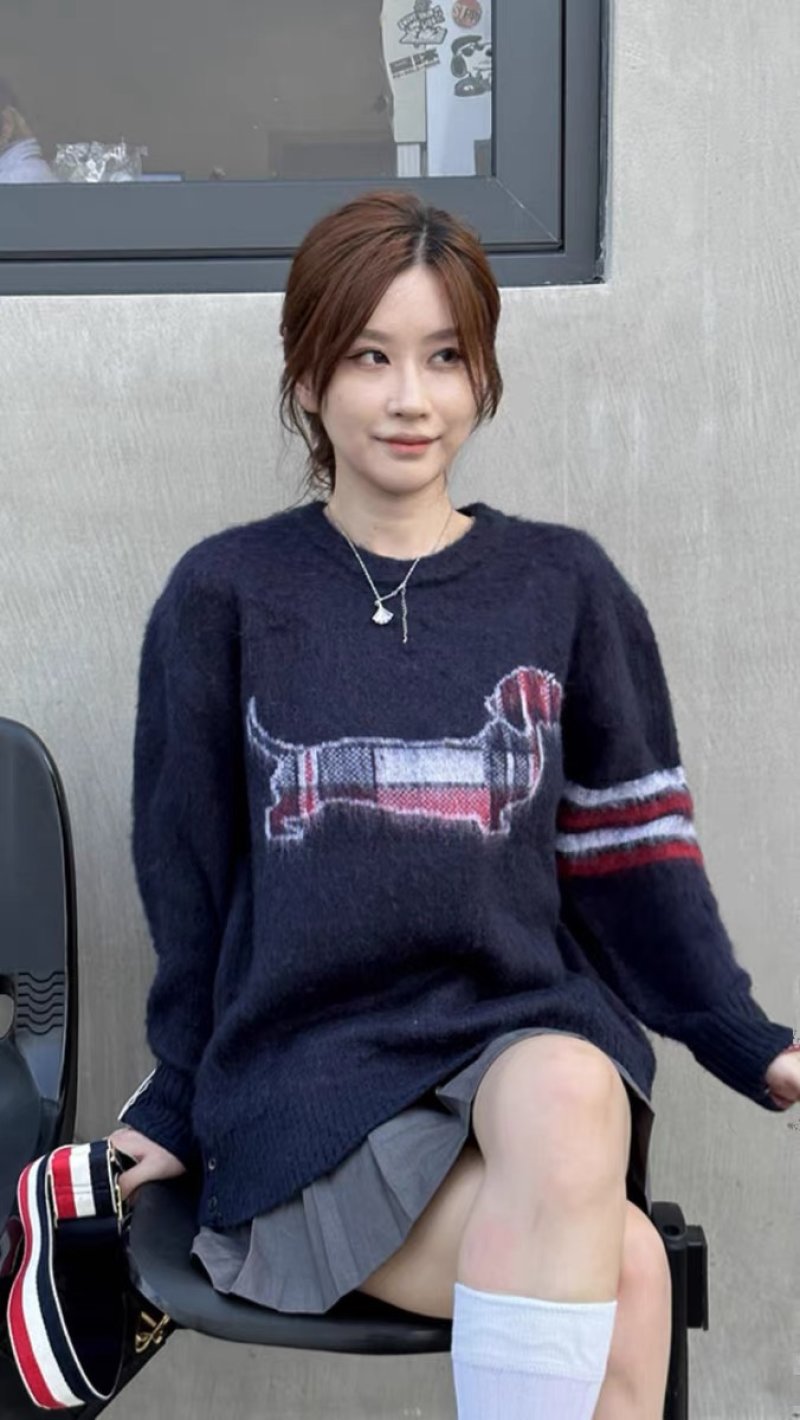 Navy Dachshund Knit Sweater with Striped Sleeves