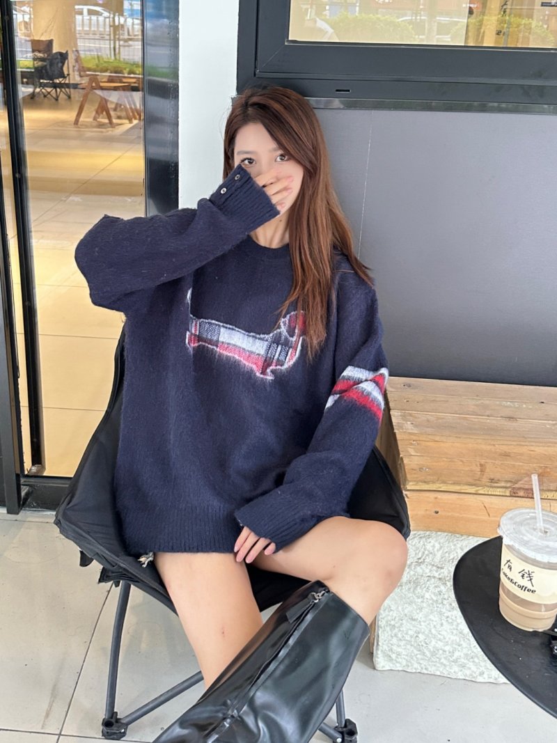 Navy Dachshund Knit Sweater with Striped Sleeves view