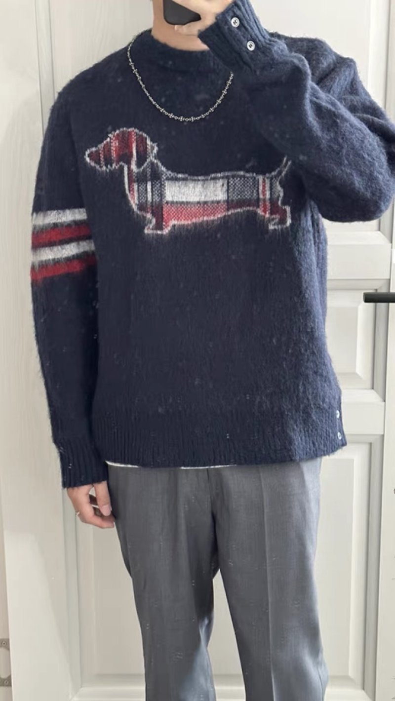 Navy Dachshund Knit Sweater with Striped Sleeves view