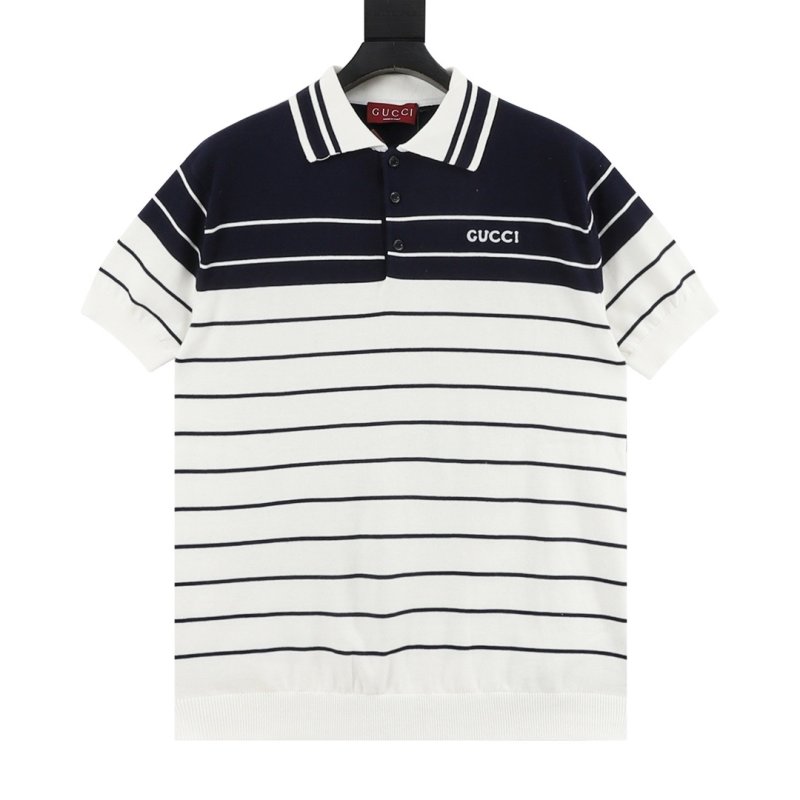 Gucci Striped Jacquard Polo Shirt Navy & White