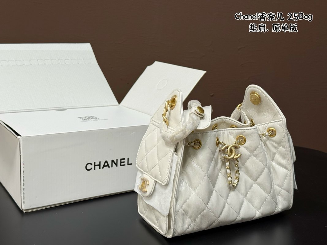 Chanel 25 Quilted White Leather Shoulder Bag with Gold CC Logo