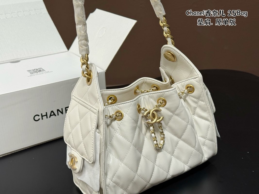 Chanel 25 Quilted White Leather Shoulder Bag with Gold CC Logo view