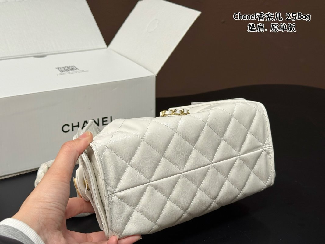 Chanel 25 Quilted White Leather Shoulder Bag with Gold CC Logo view
