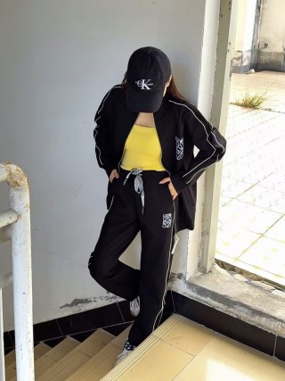 Loewe Black Logo Track Pants with Checkered Drawstring view 3