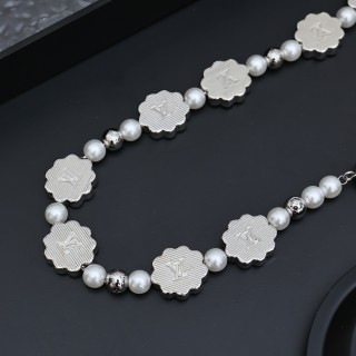 Louis Vuitton Silver Floral Brass Glass Pearl Necklace 2024 view 4