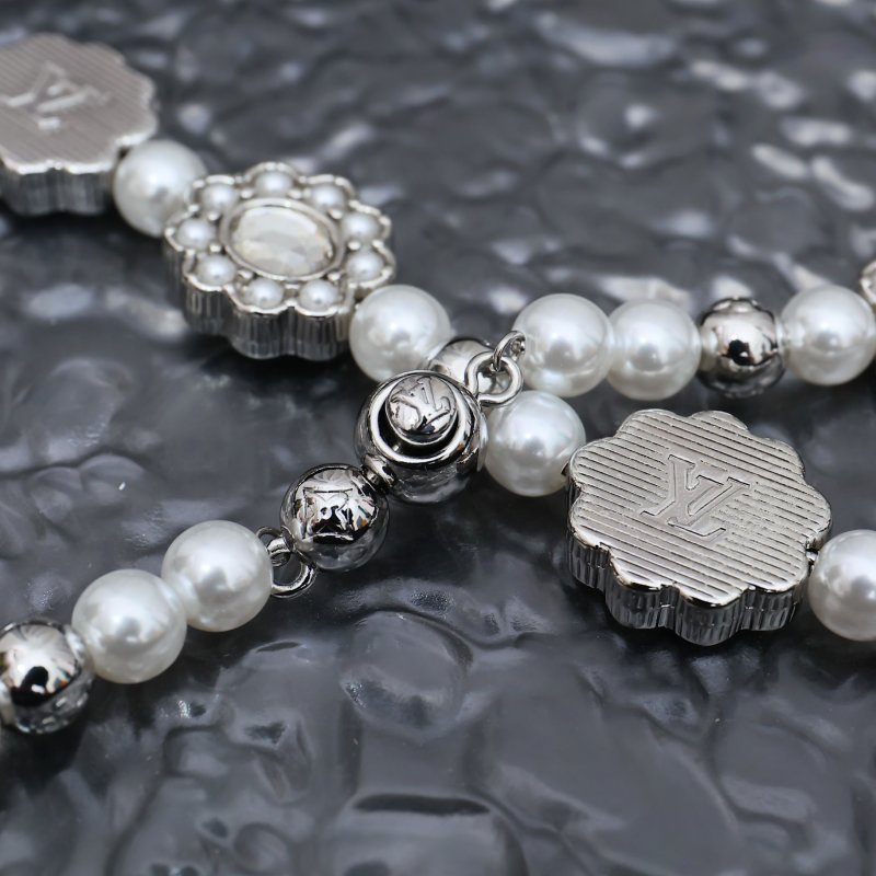 Louis Vuitton Silver Floral Brass Glass Pearl Necklace 2024 view