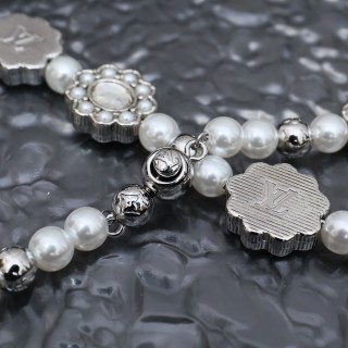 Louis Vuitton Silver Floral Brass Glass Pearl Necklace 2024 view 6