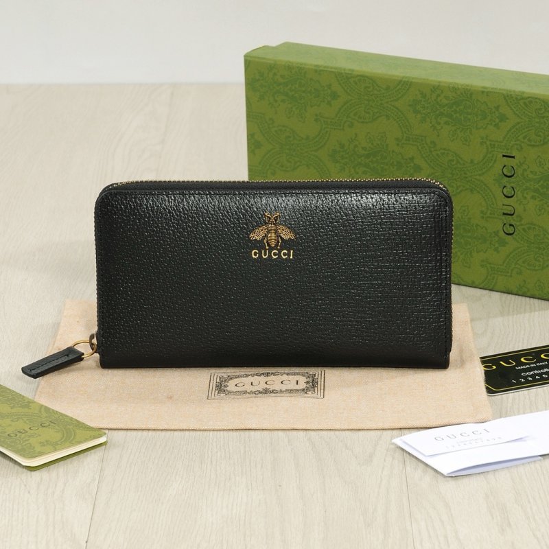 Gucci Black Leather Zip Wallet with Bee Logo