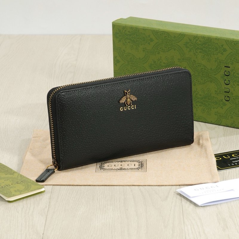 Gucci Black Leather Zip Wallet with Bee Logo view