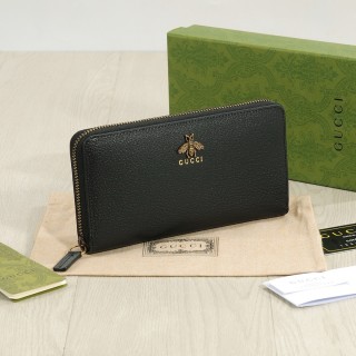 Gucci Black Leather Zip Wallet with Bee Logo view 3