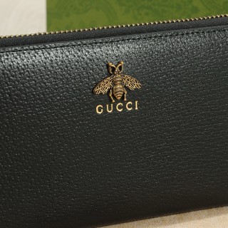 Gucci Black Leather Zip Wallet with Bee Logo view 5
