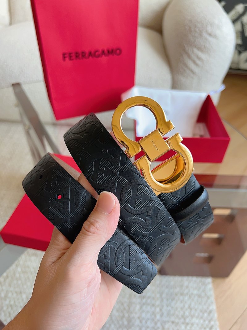 Ferragamo Black Leather Belt with Gold Gancini Buckle