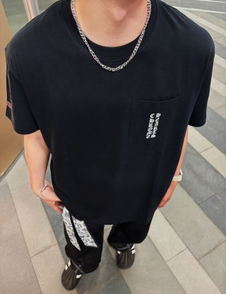 Black Pocket T-Shirt with Vertical Text Graphic