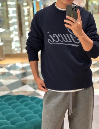 Navy Knit Sweater with Embroidered Logo
