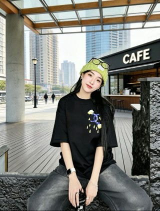 Black Graphic T-Shirt with Cloud & Moon Design view 2