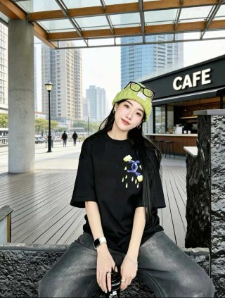 Black Graphic T-Shirt with Cloud & Moon Design view 5