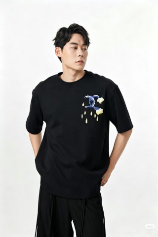 Black Graphic T-Shirt with Cloud & Moon Design view 6
